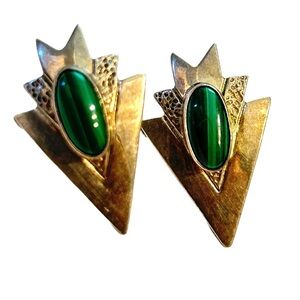 Sold❌Navajo Sterling Silver Green Malachite Triangle Earrings Marcella James MJ